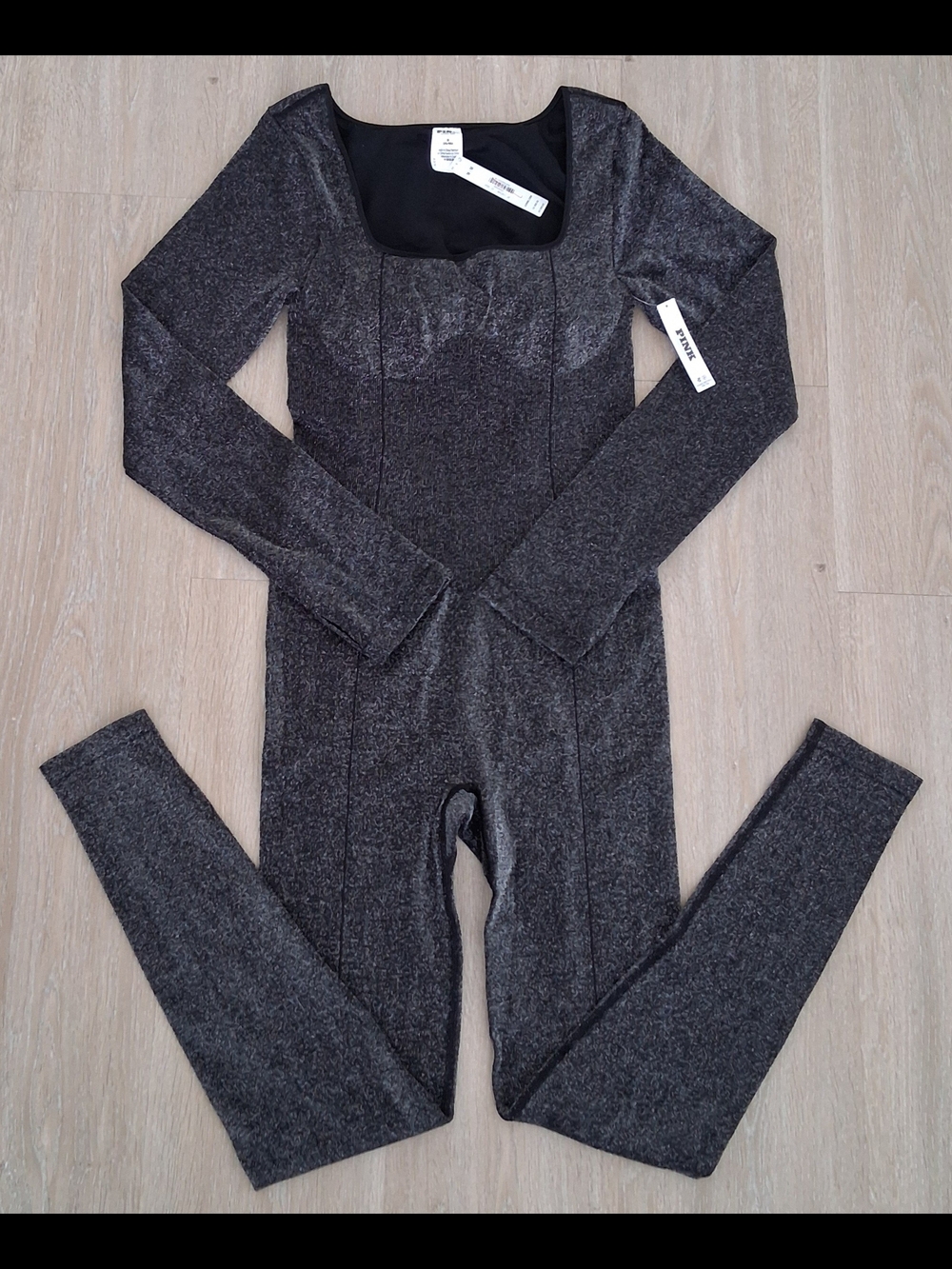 Victoria's Secret Black Sparkle Long-Sleeve Square Neck Onesie - Picture 3 of 5